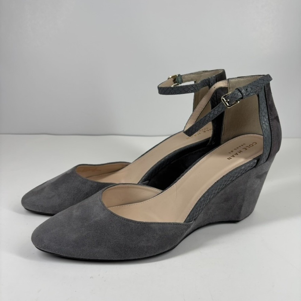 Cole Haan Lara Women's US 11 Grey Suede Comfort Casual Ankle Strap Wedge Pumps